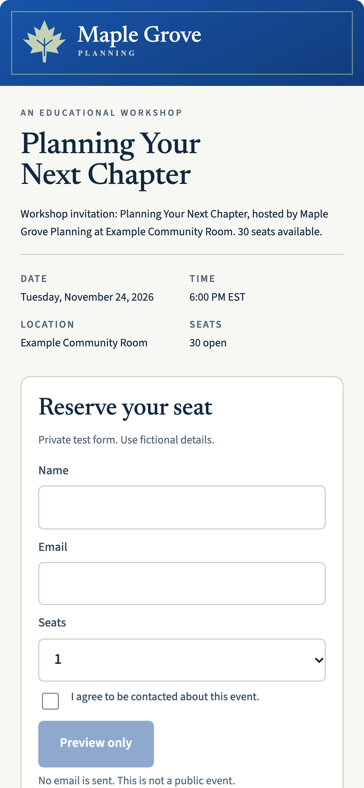 Matching Maple Grove workshop registration preview with event details and an inert signup form